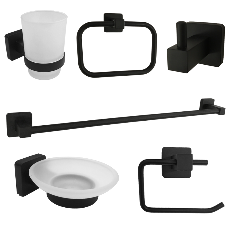 Square 6 Pcs Bathroom Accessory Toilet Paper Towel Robe Holder Rail Soap Black