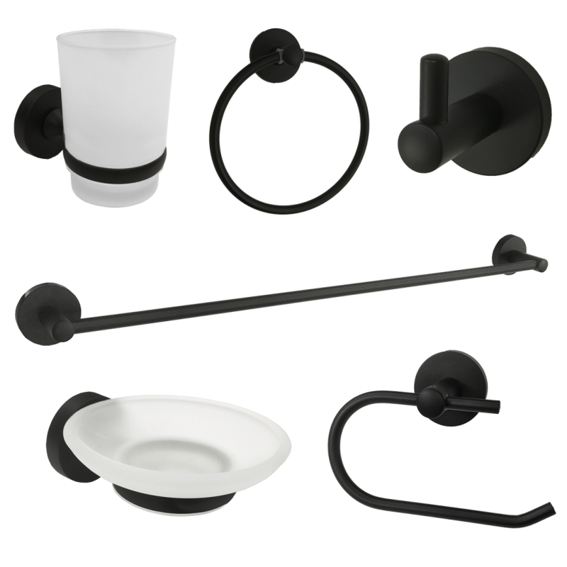 Round 6 Pcs Bathroom Accessory Toilet Paper Towel Robe Holder Rail Soap Black